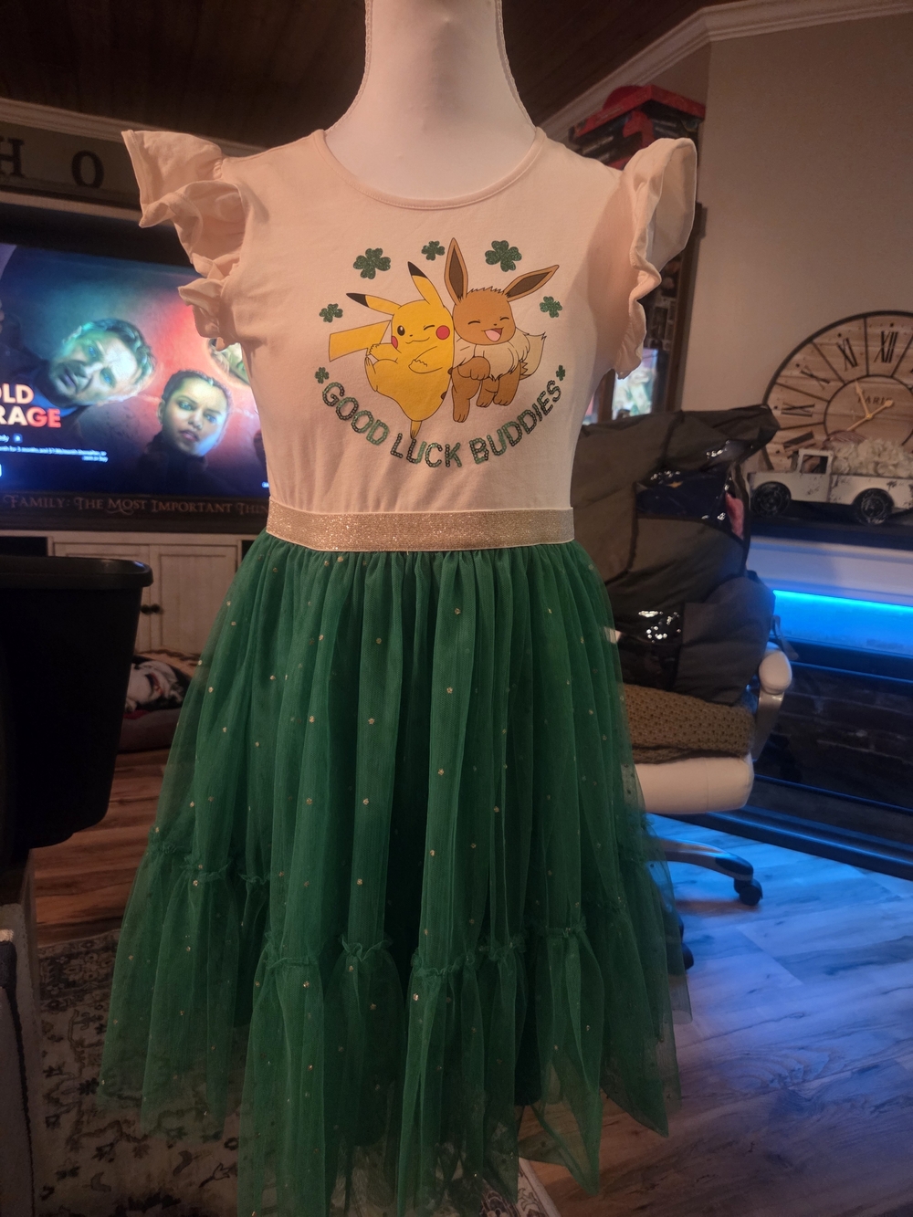 Pokemon Cream & Green Pikachu and Eevee 'Good Luck Buddies' Dress NWOT